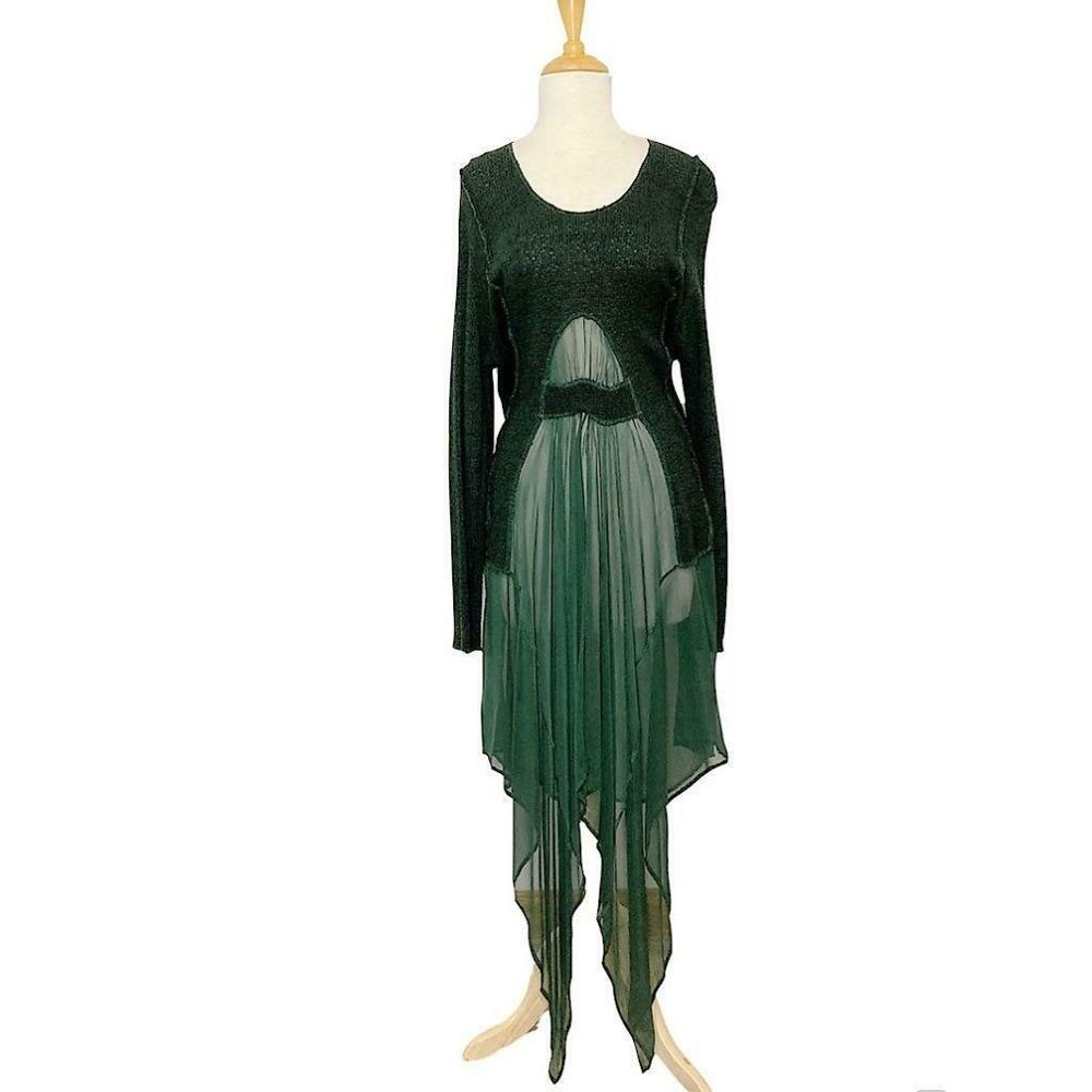Bodil M Green Sweater Dress Silk Chiffon Trim